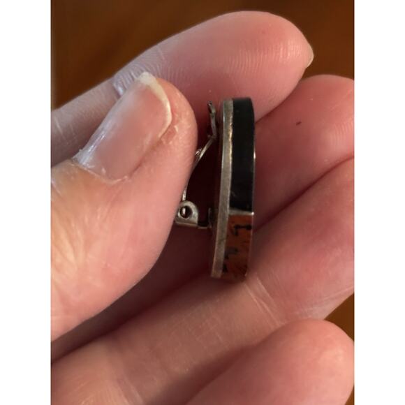 Vintage Taxco Mexico Sterling Silver Onyx Mahogany Obsidian Oval Clip Earrings - Picture 5 of 6